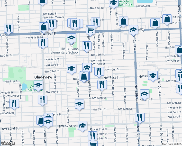 map of restaurants, bars, coffee shops, grocery stores, and more near 7210 Northwest 16th Avenue in Miami
