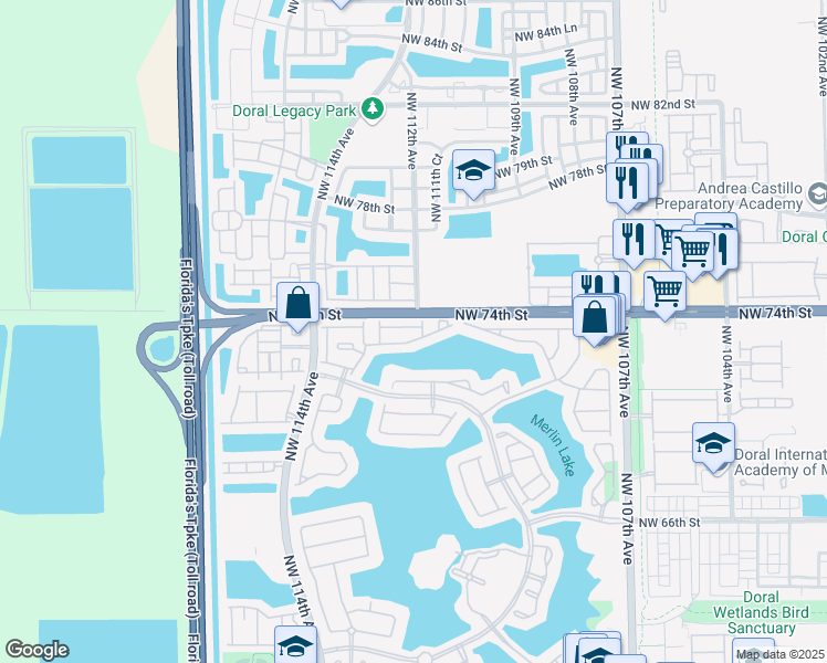 map of restaurants, bars, coffee shops, grocery stores, and more near 11207 Northwest 73rd Terrace in Doral