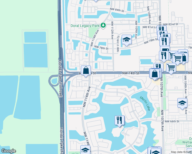 map of restaurants, bars, coffee shops, grocery stores, and more near 11377 Northwest 73rd Terrace in Doral