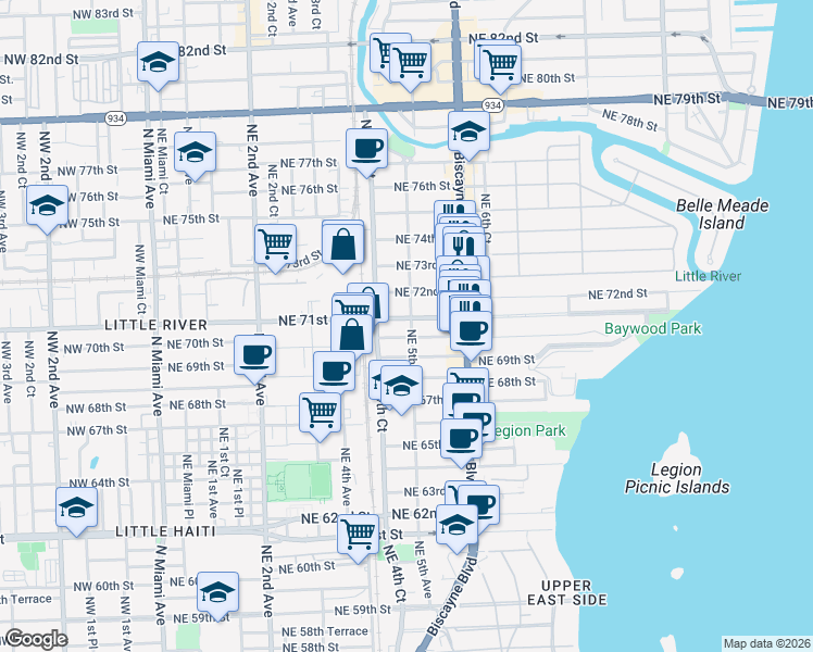 map of restaurants, bars, coffee shops, grocery stores, and more near 445 Northeast 71st Street in Miami