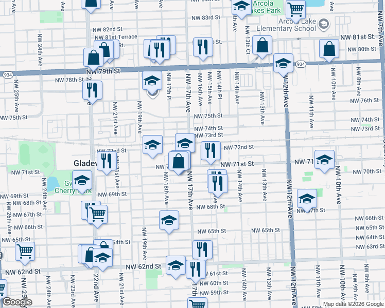 map of restaurants, bars, coffee shops, grocery stores, and more near 7210 Northwest 16th Avenue in Miami