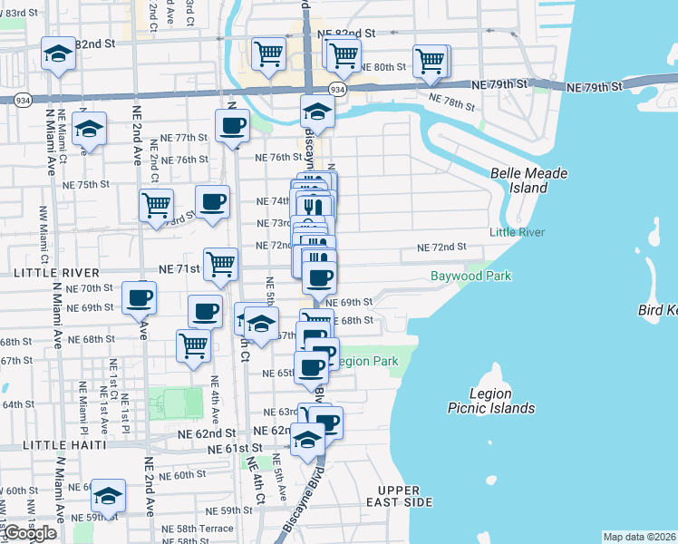 map of restaurants, bars, coffee shops, grocery stores, and more near 654 Northeast 71st Street in Miami