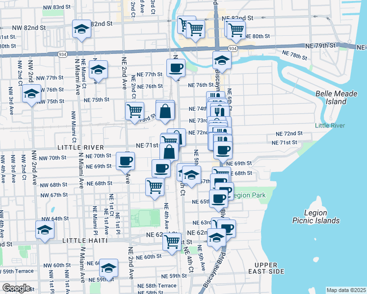 map of restaurants, bars, coffee shops, grocery stores, and more near 428 Northeast 71st Street in Miami