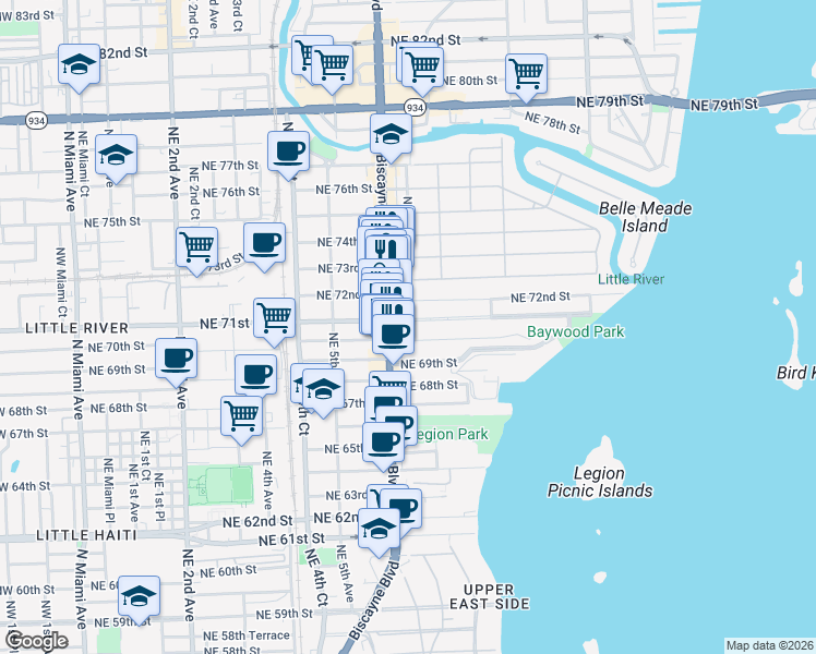 map of restaurants, bars, coffee shops, grocery stores, and more near 7101 Biscayne Boulevard in Miami