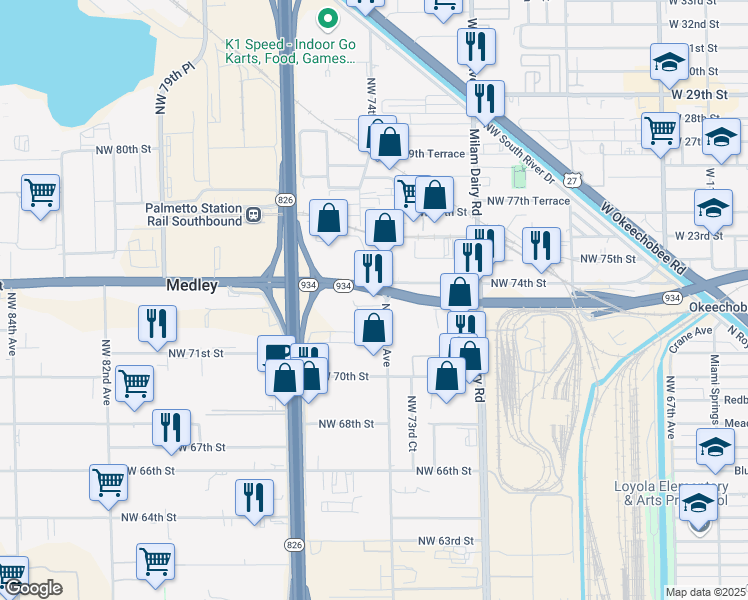 map of restaurants, bars, coffee shops, grocery stores, and more near 7401 Northwest 73rd Street in Medley