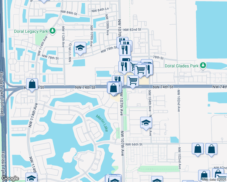 map of restaurants, bars, coffee shops, grocery stores, and more near 10702 Northwest 74th Street in Medley