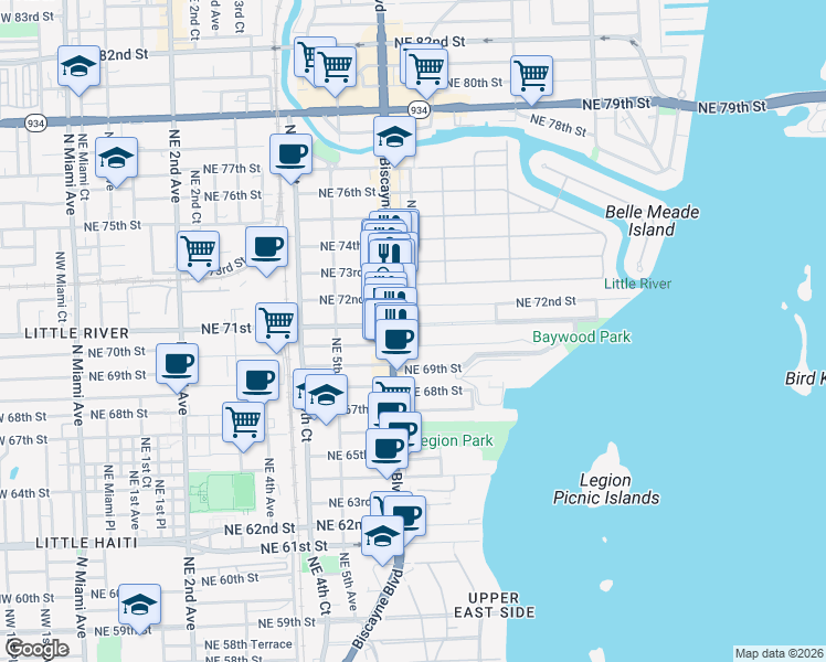 map of restaurants, bars, coffee shops, grocery stores, and more near 7101 Biscayne Boulevard in Miami