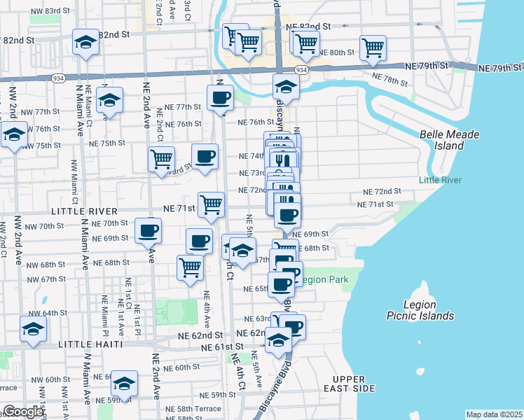 map of restaurants, bars, coffee shops, grocery stores, and more near 551 Northeast 71st Street in Miami