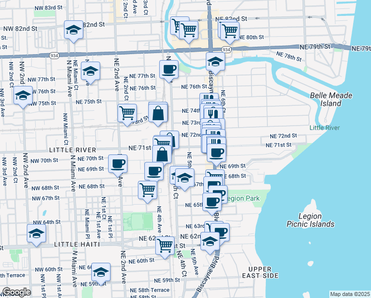 map of restaurants, bars, coffee shops, grocery stores, and more near 445 Northeast 71st Street in Miami