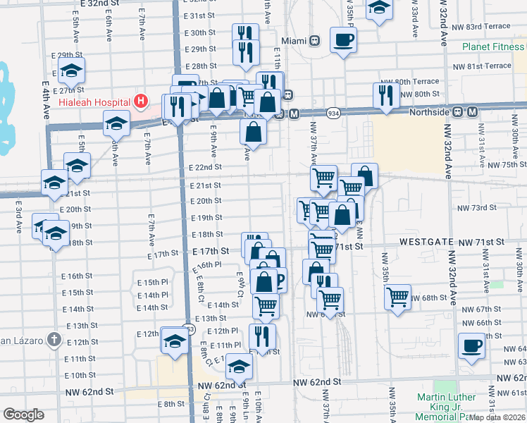 map of restaurants, bars, coffee shops, grocery stores, and more near 1072 East 20th Street in Hialeah