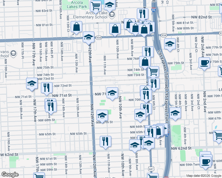 map of restaurants, bars, coffee shops, grocery stores, and more near 1010 Northwest 72nd Street in Miami
