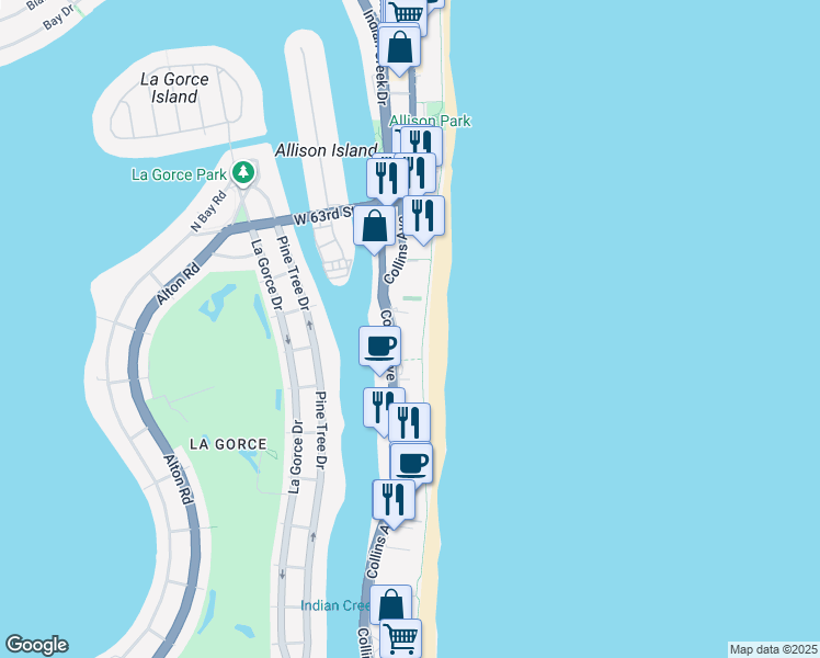 map of restaurants, bars, coffee shops, grocery stores, and more near 5825 Collins Avenue in Miami Beach