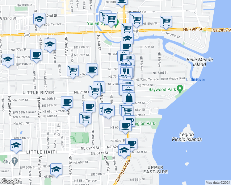 map of restaurants, bars, coffee shops, grocery stores, and more near 524 Northeast 71st Street in Miami
