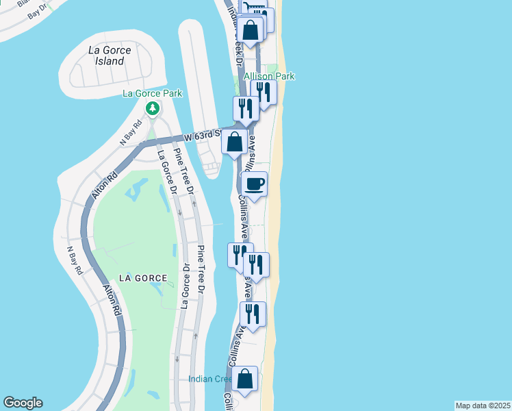 map of restaurants, bars, coffee shops, grocery stores, and more near 5845 Collins Avenue in Miami Beach