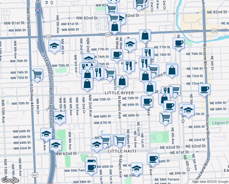 map of restaurants, bars, coffee shops, grocery stores, and more near 73 Northwest 71st Street in Miami