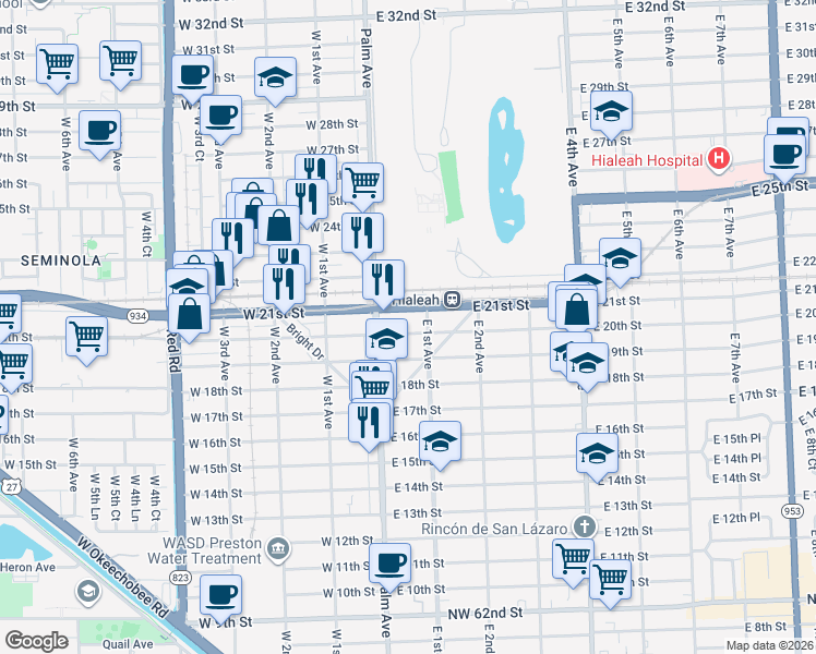 map of restaurants, bars, coffee shops, grocery stores, and more near 22 East 21st Street in Hialeah