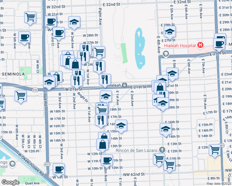 map of restaurants, bars, coffee shops, grocery stores, and more near 2020 East 1st Avenue in Hialeah