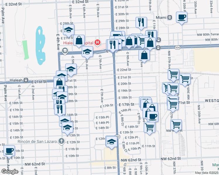 map of restaurants, bars, coffee shops, grocery stores, and more near 777 East 20th Street in Hialeah