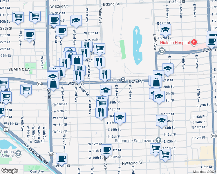 map of restaurants, bars, coffee shops, grocery stores, and more near 22 East 21st Street in Hialeah