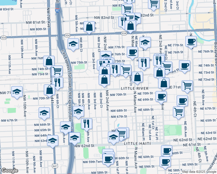 map of restaurants, bars, coffee shops, grocery stores, and more near in Miami
