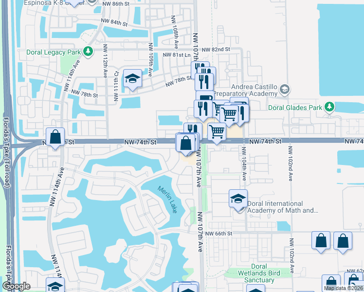 map of restaurants, bars, coffee shops, grocery stores, and more near 10704 Northwest 74th Street in Doral