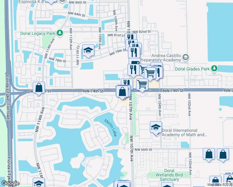 map of restaurants, bars, coffee shops, grocery stores, and more near 10833 Northwest 73rd Terrace in Doral