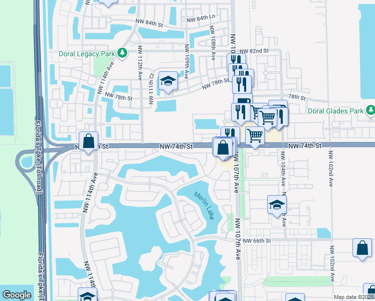 map of restaurants, bars, coffee shops, grocery stores, and more near 10909 Northwest 73rd Terrace in Doral