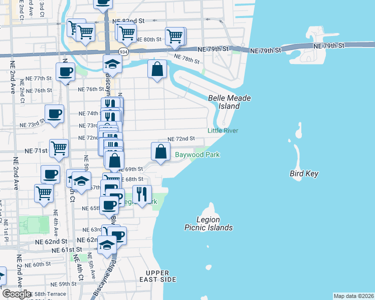 map of restaurants, bars, coffee shops, grocery stores, and more near 912 Northeast 71st Street in Miami