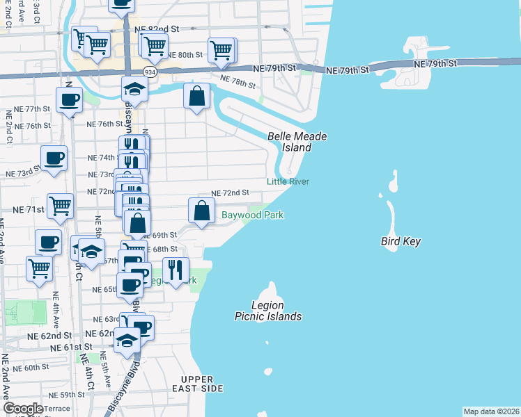 map of restaurants, bars, coffee shops, grocery stores, and more near 496 Northeast 71st Street in Miami
