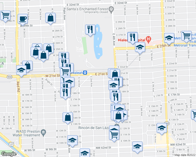 map of restaurants, bars, coffee shops, grocery stores, and more near 251 East 20th Street in Hialeah