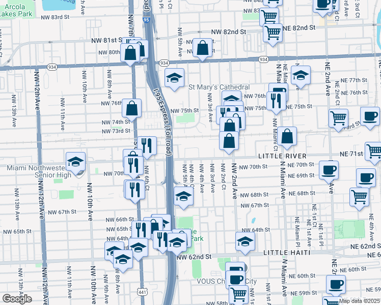 map of restaurants, bars, coffee shops, grocery stores, and more near 7142 Northwest 5th Court in Miami