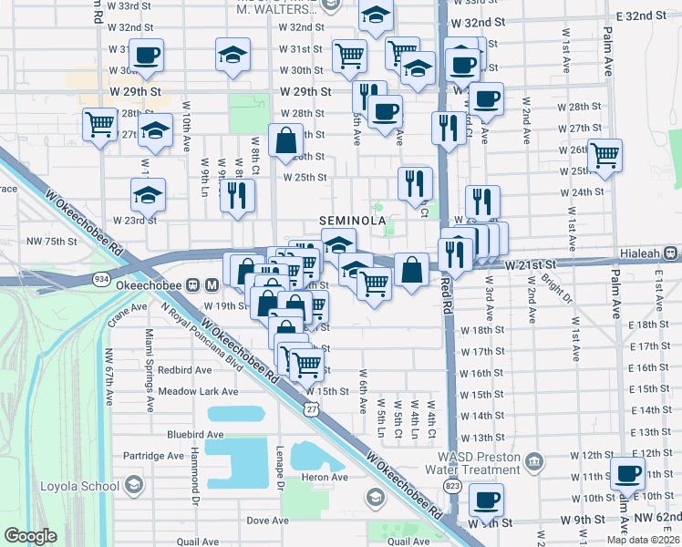 map of restaurants, bars, coffee shops, grocery stores, and more near 651 West 20th Street in Hialeah