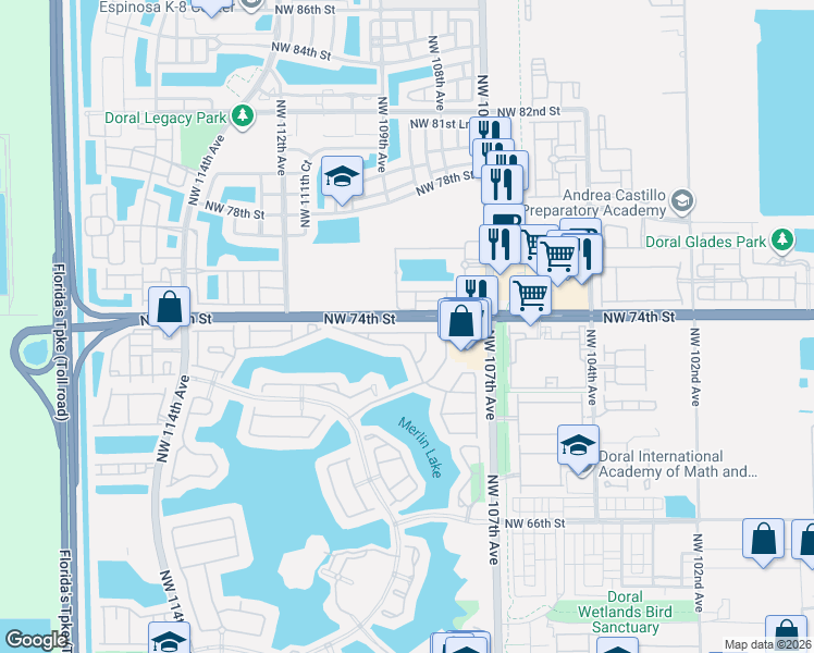 map of restaurants, bars, coffee shops, grocery stores, and more near 10833 Northwest 73rd Terrace in Doral