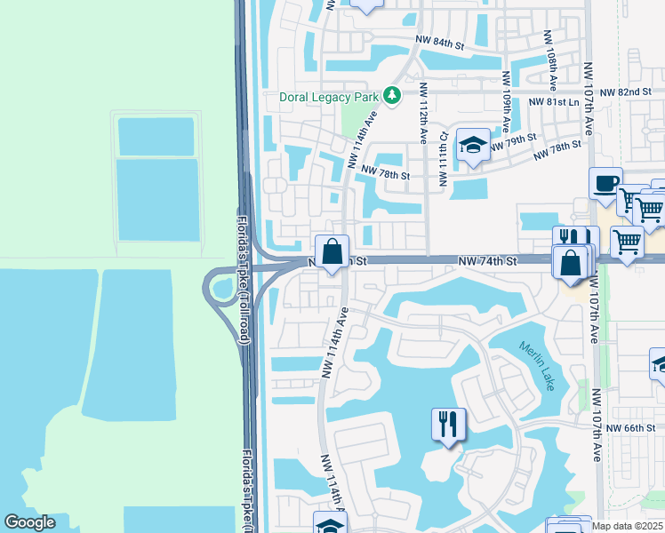 map of restaurants, bars, coffee shops, grocery stores, and more near 11424 Northwest 74th Terrace in Medley