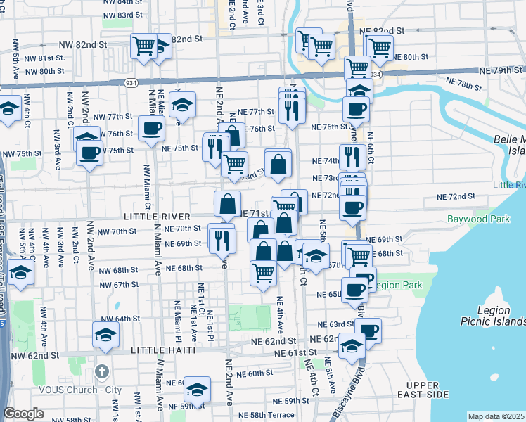 map of restaurants, bars, coffee shops, grocery stores, and more near 327 Northeast 71st Street in Miami
