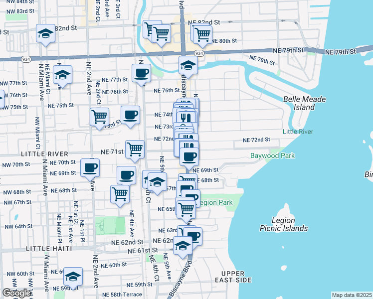 map of restaurants, bars, coffee shops, grocery stores, and more near Biscayne Boulevard & Northeast 71st Street in Miami