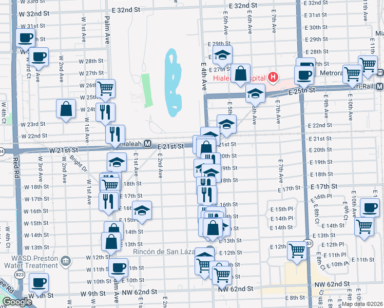 map of restaurants, bars, coffee shops, grocery stores, and more near 331 East 20th Street in Hialeah