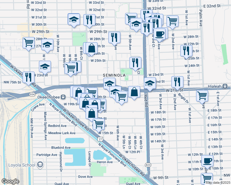 map of restaurants, bars, coffee shops, grocery stores, and more near 651 West 20th Street in Hialeah