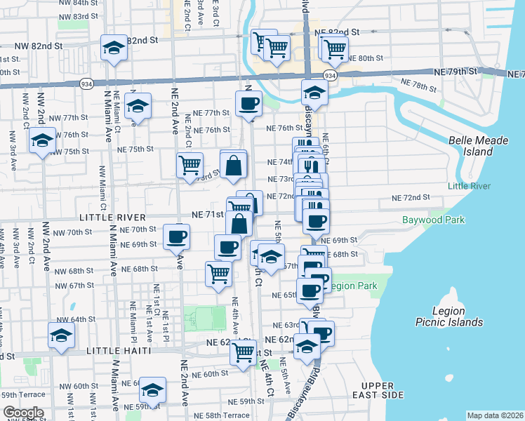 map of restaurants, bars, coffee shops, grocery stores, and more near 445 Northeast 71st Street in Miami