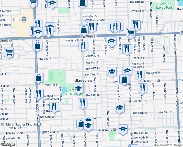 map of restaurants, bars, coffee shops, grocery stores, and more near 2135 Northwest 72nd Street in Miami
