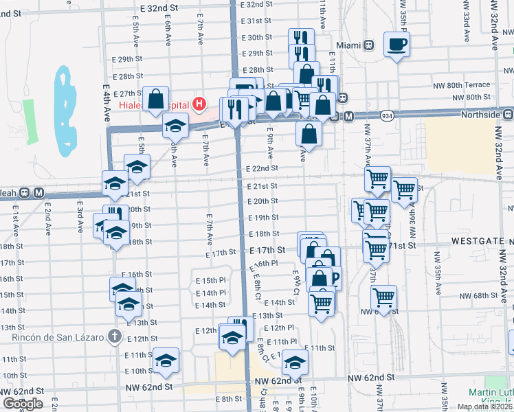map of restaurants, bars, coffee shops, grocery stores, and more near 848 East 20th Street in Hialeah