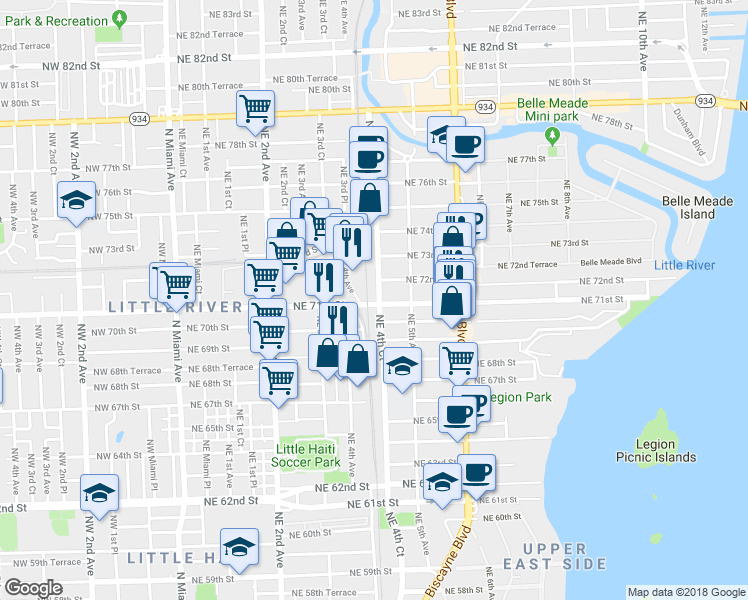 map of restaurants, bars, coffee shops, grocery stores, and more near 7100 Northeast 4th Court in Miami