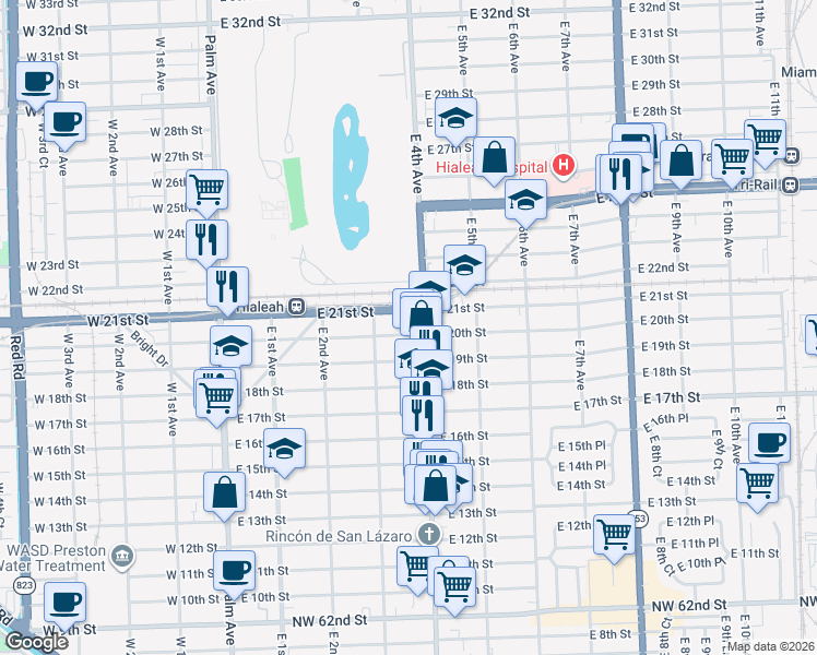 map of restaurants, bars, coffee shops, grocery stores, and more near 2045 Flamingo Way in Hialeah