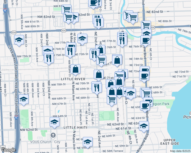 map of restaurants, bars, coffee shops, grocery stores, and more near 7100 Northeast 2nd Avenue in Miami