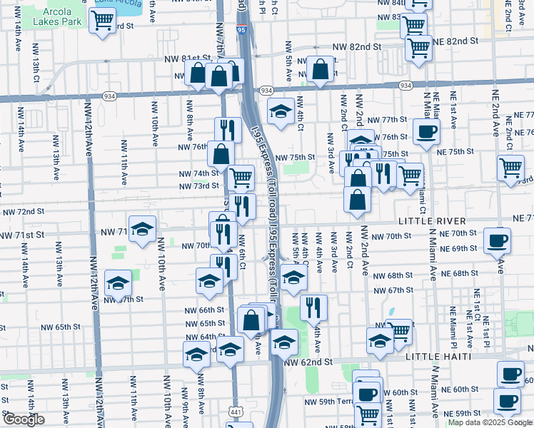 map of restaurants, bars, coffee shops, grocery stores, and more near 7160 Northwest 5th Place in Miami