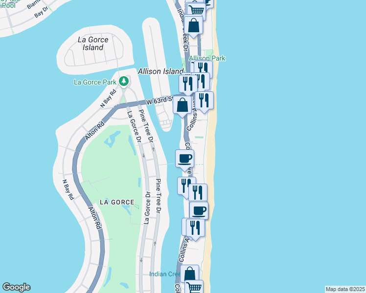 map of restaurants, bars, coffee shops, grocery stores, and more near 5845 Collins Avenue in Miami Beach