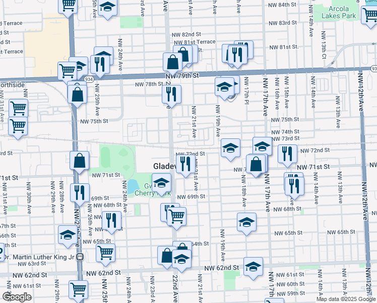 map of restaurants, bars, coffee shops, grocery stores, and more near 2135 Northwest 72nd Street in Miami