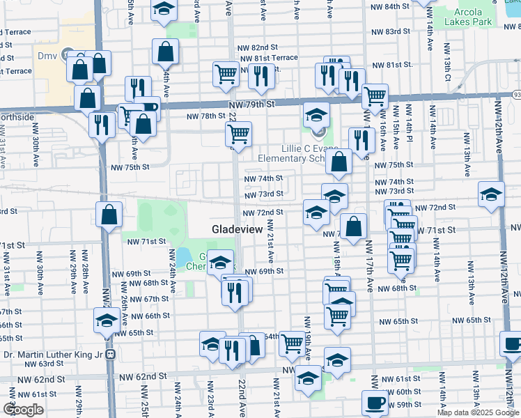 map of restaurants, bars, coffee shops, grocery stores, and more near 2135 Northwest 72nd Street in Miami