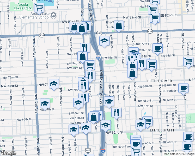 map of restaurants, bars, coffee shops, grocery stores, and more near 7160 Northwest 5th Place in Miami
