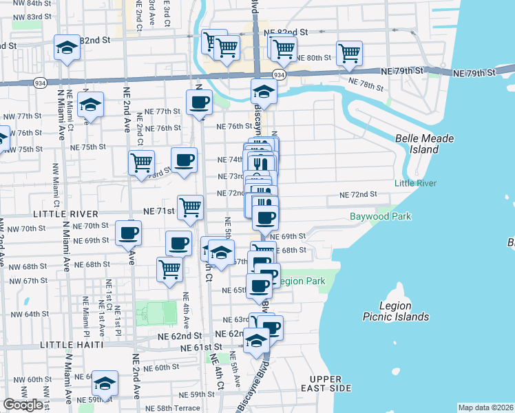 map of restaurants, bars, coffee shops, grocery stores, and more near 7101 Biscayne Boulevard in Miami